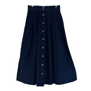 Vintage Eddie Bauer Navy Blue Corduroy Button Japan Pleated Midi Skirt Pocket 10
